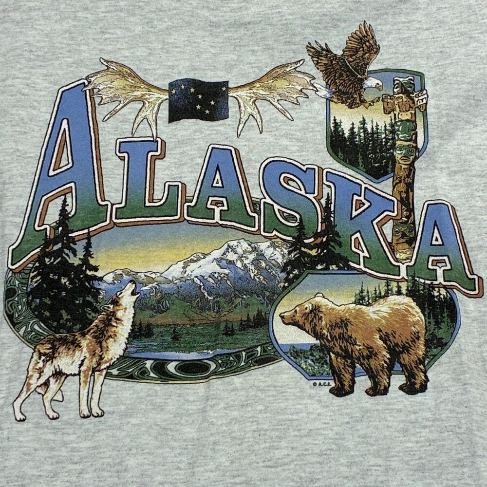 Vintage Alaska Shirt Large Gray Bear Wolf Wildlife Artwork Outdoors Gorpcore